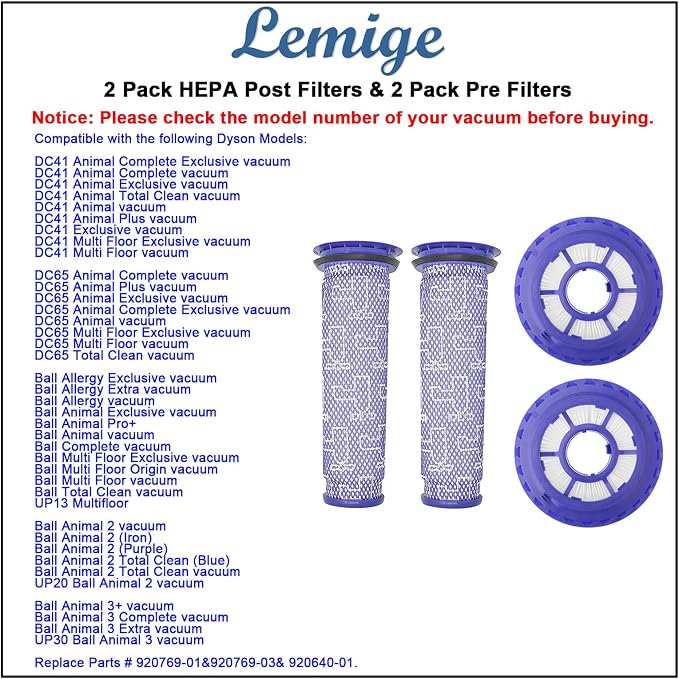 2 Pack Post Filters & 2 Pack Pre Filters Replacement for DC41 DC65 DC66 UP13 UP20 UP30 Animal, Multi Floor and Ball