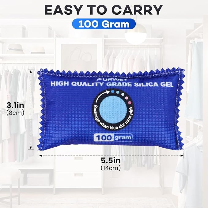 2 Pack Rechargeable Desiccant Packs, 100g Each, Blue, Color Indicating Silica Gel Dehumidifier Bags for Storage, Closets
