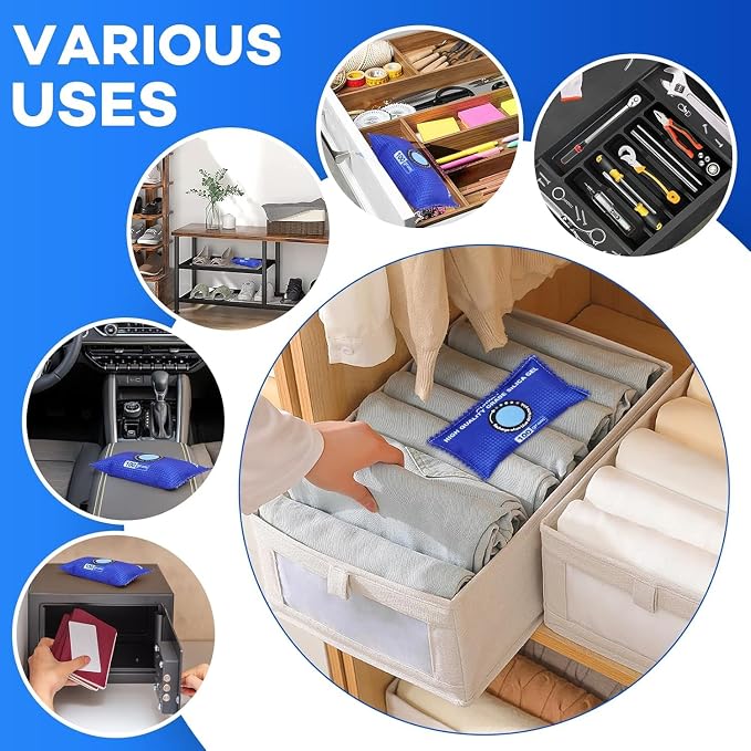 2 Pack Rechargeable Desiccant Packs, 100g Each, Blue, Color Indicating Silica Gel Dehumidifier Bags for Storage, Closets