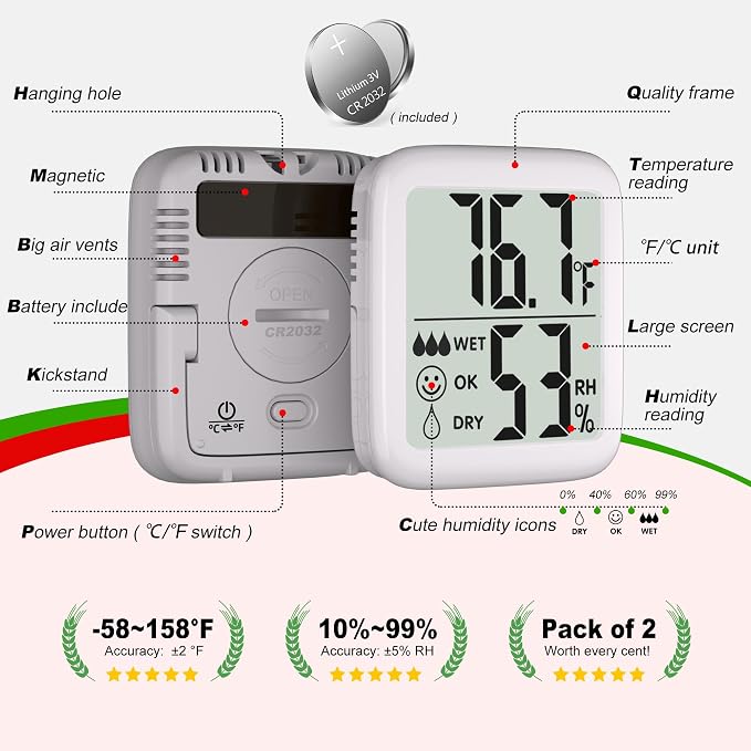 2 Pack Room Thermometer for Home, Indoor Hygrometer Humidity Meter Gauge, Digital Temperature and Humidity Sensor Monitor for