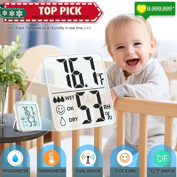 2 Pack Room Thermometer for Home, Indoor Hygrometer Humidity Meter Gauge, Digital Temperature and Humidity Sensor Monitor for