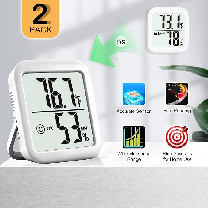 2 Pack Room Thermometer for Home, Indoor Hygrometer Humidity Meter Gauge, Digital Temperature and Humidity Sensor Monitor for