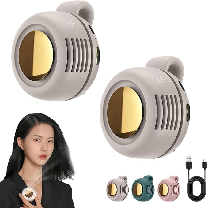 2 Pack Small Clip on Fan for Shirt & Waist, Portable Silent Mini Bladeless Electric Fan, 3 Speeds Hands-Free Neck Whirlwind