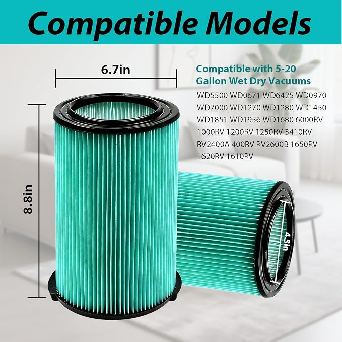 2 Pack VF6000 5-Layer Pleated Replacement Vacuum Filter Compatible for 5-20 Gallon Wet/Dry Vacuums,Fit for