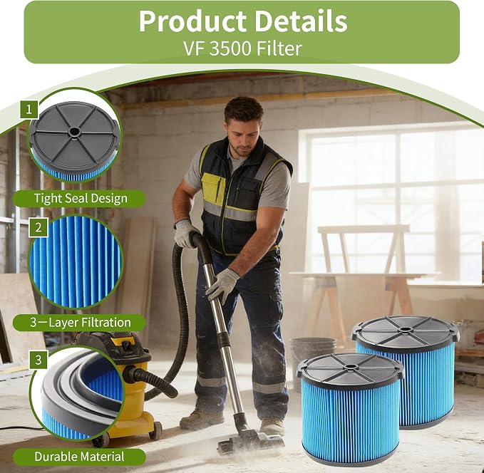 2 Pack Wet Dry Vac Filter VF3500 3 Layer Fine Filter, Half Height Replacement V3500 Filter for 3-4.5 Gallon Vacs WD3050