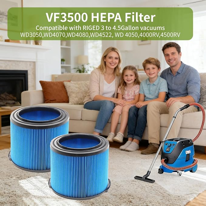 2 Pack Wet Dry Vac Filter VF3500 3 Layer Fine Filter, Half Height Replacement V3500 Filter for 3-4.5 Gallon Vacs WD3050