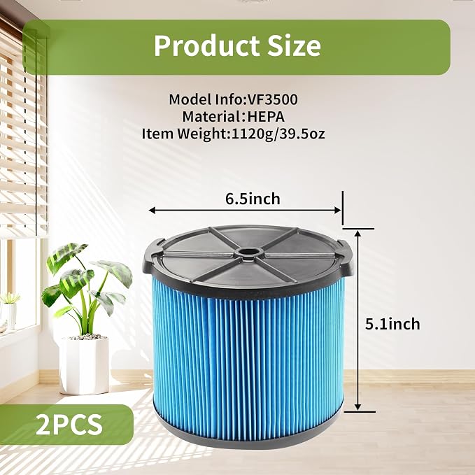 2 Pack Wet Dry Vac Filter VF3500 3 Layer Fine Filter, Half Height Replacement V3500 Filter for 3-4.5 Gallon Vacs WD3050