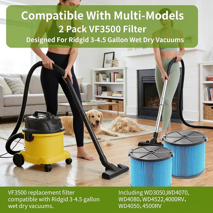 2 Pack Wet Dry Vac Filter VF3500 3 Layer Fine Filter, Half Height Replacement V3500 Filter for 3-4.5 Gallon Vacs WD3050