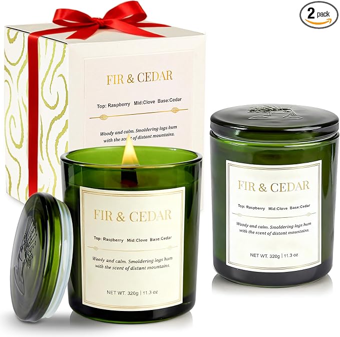 2 Pack Wood Wick Scented Candle Gift Set –Balsam Fir & Cedarwood Natural Soy Wax Candles with Individual Gift Boxes,Long