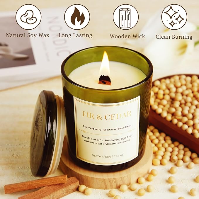 2 Pack Wood Wick Scented Candle Gift Set –Balsam Fir & Cedarwood Natural Soy Wax Candles with Individual Gift Boxes,Long