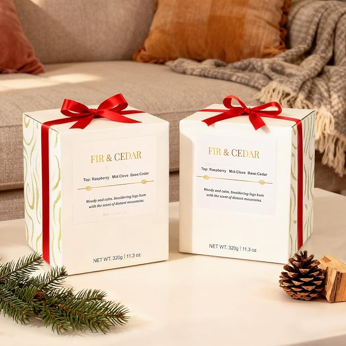 2 Pack Wood Wick Scented Candle Gift Set –Balsam Fir & Cedarwood Natural Soy Wax Candles with Individual Gift Boxes,Long
