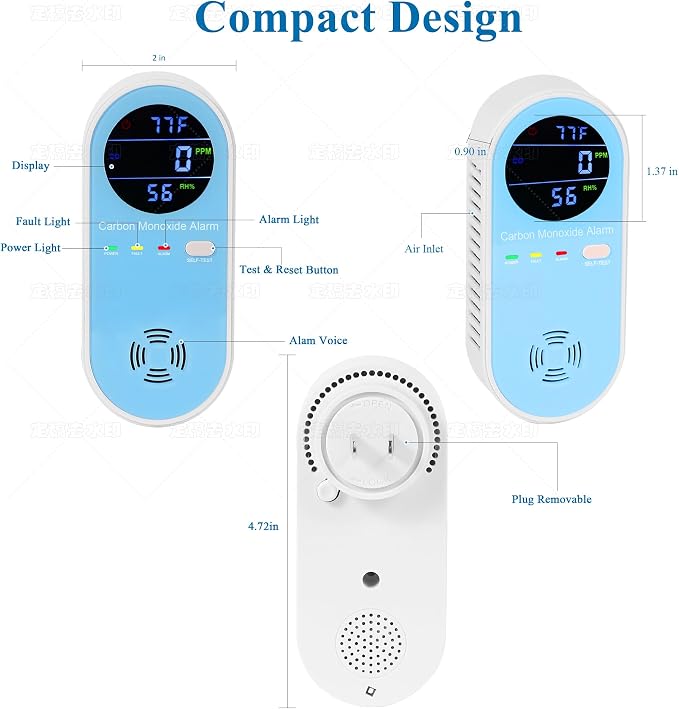 2 Packs Carbon Monoxide Detector Plug in Wall - Carbon Monoxide Alarm with Temperature(°F) & Humidity, Large Color Digital