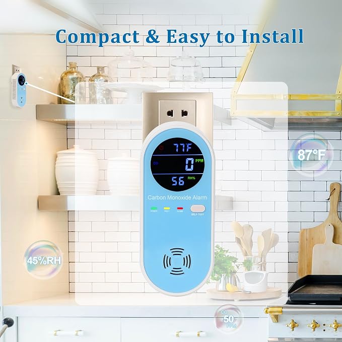 2 Packs Carbon Monoxide Detector Plug in Wall - Carbon Monoxide Alarm with Temperature(°F) & Humidity, Large Color Digital