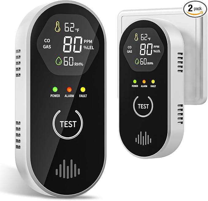 2 Packs Carbon Monoxide Detectors, 4-in-1 CO & Natural Gas Detection Plug-in, 85dB Warning with Digital Screen, product image
