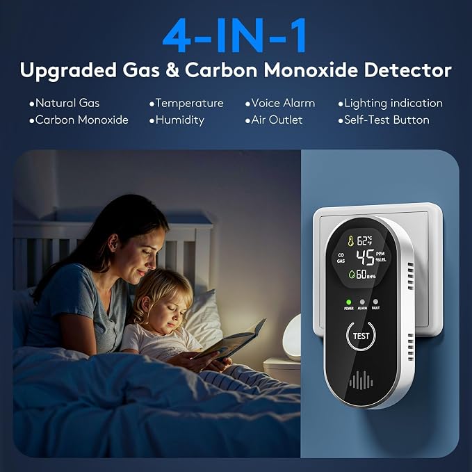 2 Packs Carbon Monoxide Detectors, 4-in-1 CO & Natural Gas Detection Plug-in, 85dB Warning with Digital Screen, alternate