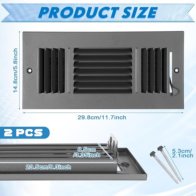 2 Pcs 10 x 4 Inch Ceiling Vent Covers for Home Sidewall and Ceiling 3 Way Vent Register for Sidewall Solid Steel Manual