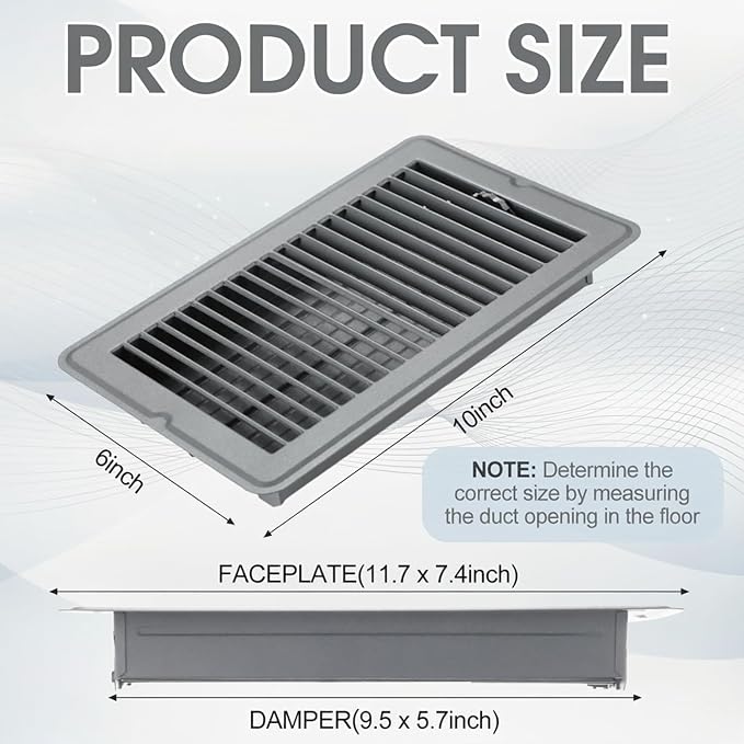2 Pcs 6 x 10'' Grey Floor Vent Covers Heavy Duty Floor Register Metal Heat Vent Covers with Rust Proof Finish for Home
