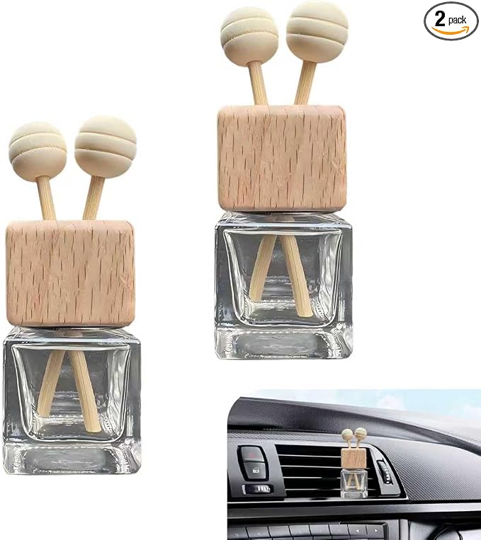 2 PCS Car Diffuser Air Freshener Bottles, Refillable Empty Glass Essential Oil Diffuser Vent Clip & Wooden Caps Sticks