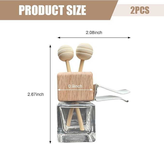 2 PCS Car Diffuser Air Freshener Bottles, Refillable Empty Glass Essential Oil Diffuser Vent Clip & Wooden Caps Sticks