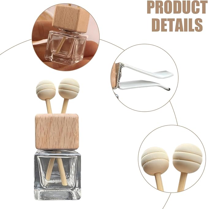 2 PCS Car Diffuser Air Freshener Bottles, Refillable Empty Glass Essential Oil Diffuser Vent Clip & Wooden Caps Sticks