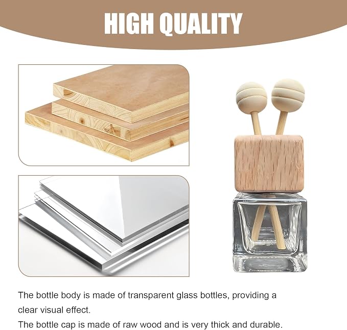 2 PCS Car Diffuser Air Freshener Bottles, Refillable Empty Glass Essential Oil Diffuser Vent Clip & Wooden Caps Sticks