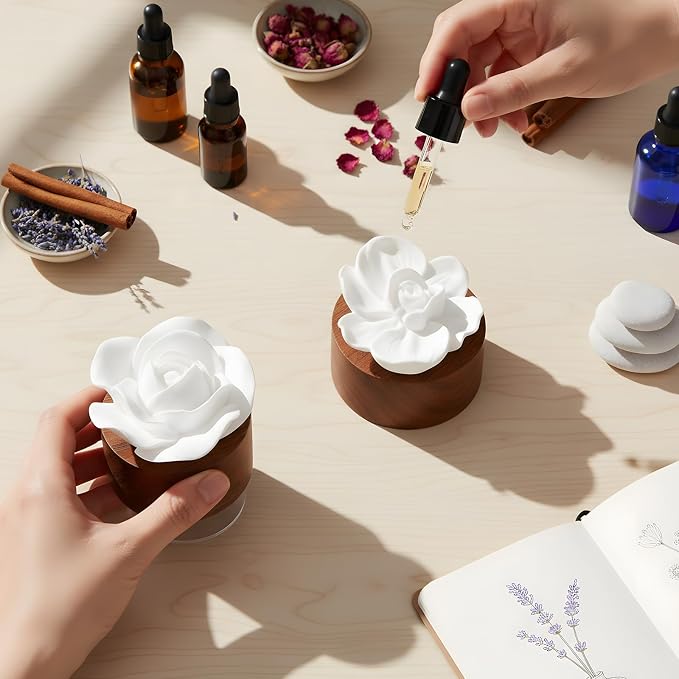 2 Pcs Ceramic Rose Diffuser Flower Passive Essential Oil Diffuser Flower Ceramic Aromatherapy Non Electric Battery for Home