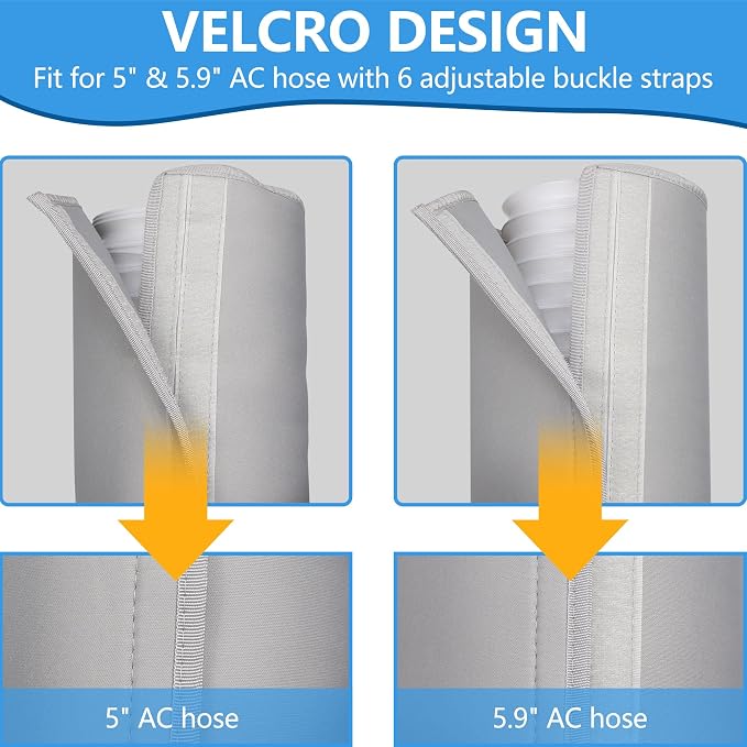 2 Pcs Portable AC Hose Insulation Sleeve - Insulated Cover Wrap for 5"-5.9" Diameter Exhaust Hoses with 6 Adjustable Buckle