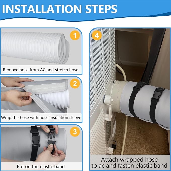 2 Pcs Portable AC Hose Insulation Sleeve - Insulated Cover Wrap for 5"-5.9" Diameter Exhaust Hoses with 6 Adjustable Buckle
