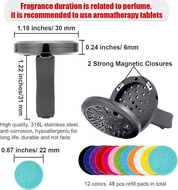 2 Pieces 316l Car Aromatherapy Essential Oil Diffuser Air Freshener with Vent Clip 48 Felt Pad Christmas Gift for Women