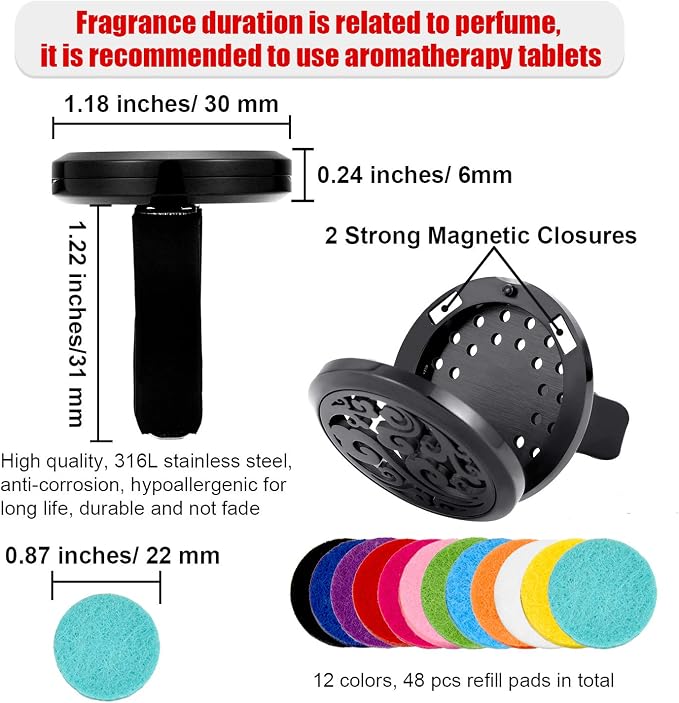 2 Pieces 316l Car Aromatherapy Essential Oil Diffuser Air Freshener with Vent Clip 48 Felt Pad Christmas Gift for Women