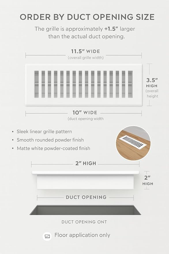 2" x 10" Contemporary Design Steel Floor Register in Glacier White Finish for Floor l- Decorative Air Vent, alternate view 4