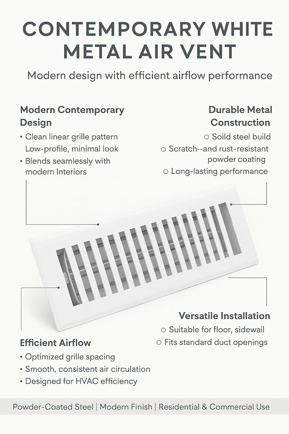 2" x 10" Contemporary Design Steel Floor Register in Glacier White Finish for Floor l- Decorative Air Vent, alternate view 5