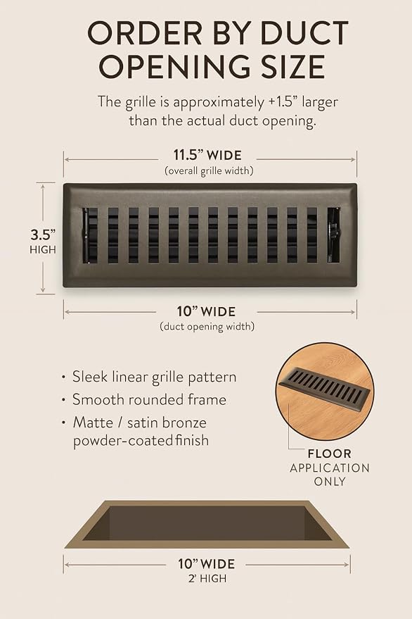 2" x 10" Contemporary Design Steel Floor Register in Metallic Bronze Finish for Floor l- Decorative Air Vent, alternate view