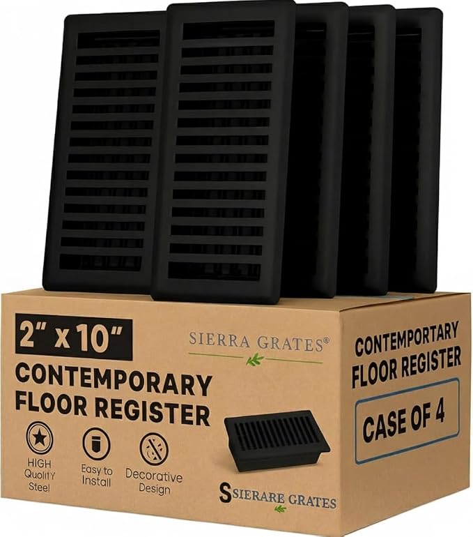 2" x 10" Contemporary Design Steel Floor Register in Textured Black Finish for Floor l- Decorative Air Vent