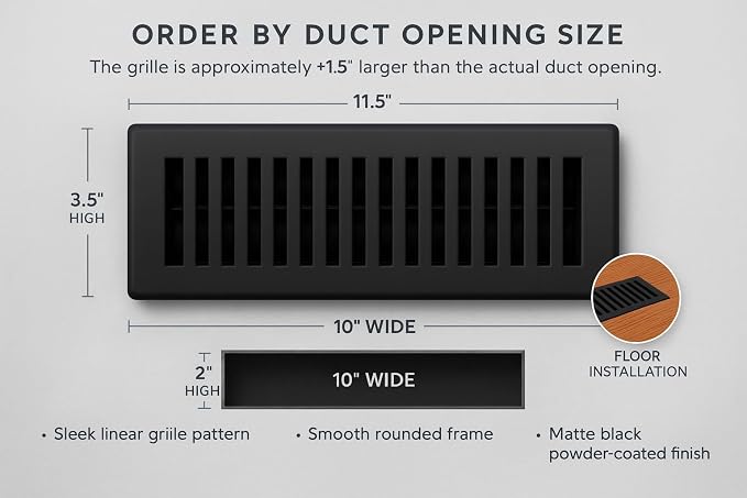 2" x 10" Contemporary Design Steel Floor Register in Textured Black Finish for Floor l- Decorative Air Vent, alternate view 4