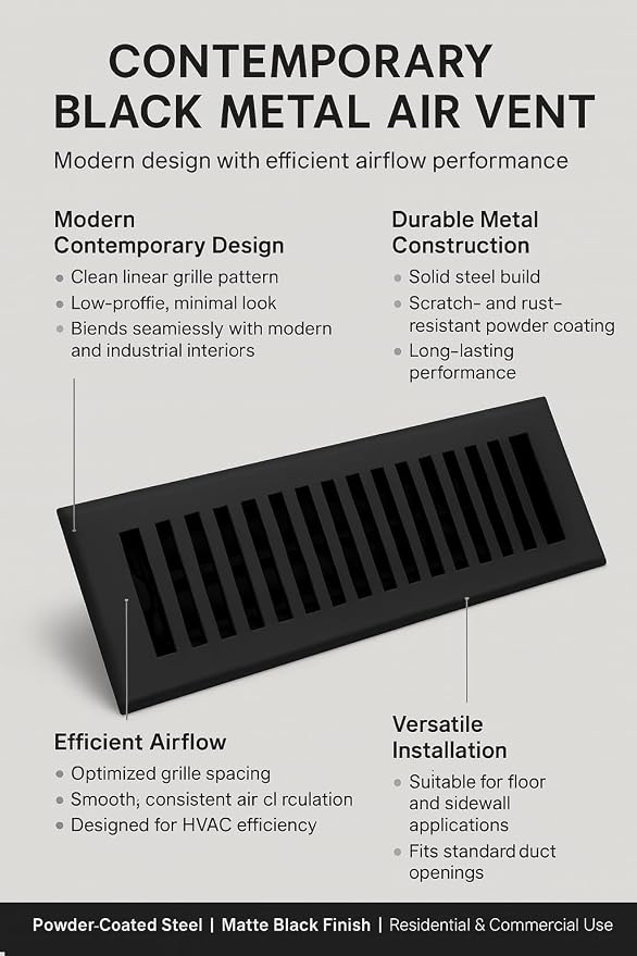 2" x 10" Contemporary Design Steel Floor Register in Textured Black Finish for Floor l- Decorative Air Vent, alternate view 5