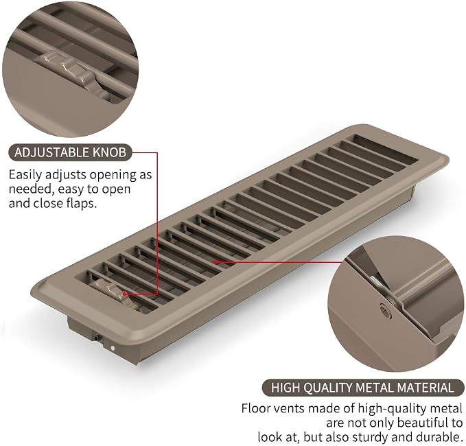 2" x 10" Floor Register 6 Pack, Heavy Duty Steel Walkable Floor Vents, Easy Adjust Air Vent Covers for Home Floor Wall