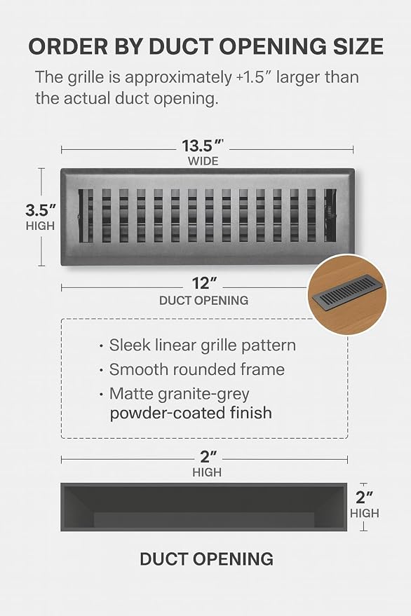 2" x 12" Contemporary Design Steel Floor Register in Granite Grey Finish for Floor l- Decorative Air Vent, alternate view 4