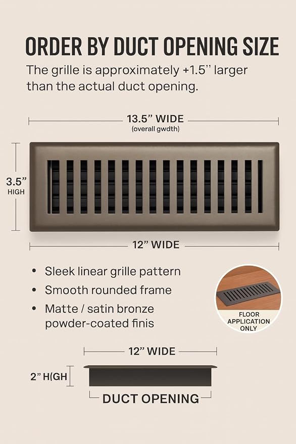 2" x 12" Contemporary Design Steel Floor Register in Metallic Bronze Finish for Floor l- Decorative Air Vent, alternate view