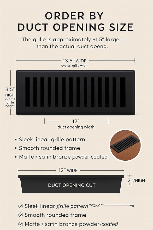 2" x 12" Contemporary Design Steel Floor Register in Textured Black Finish for Floor l- Decorative Air Vent, alternate view 4