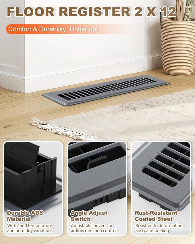 2 x 12 Floor Register, 4 Pack Dark Gray Vent Covers for Home Floor, Heavy-Duty Steel with Adjustable Airflow, alternate view