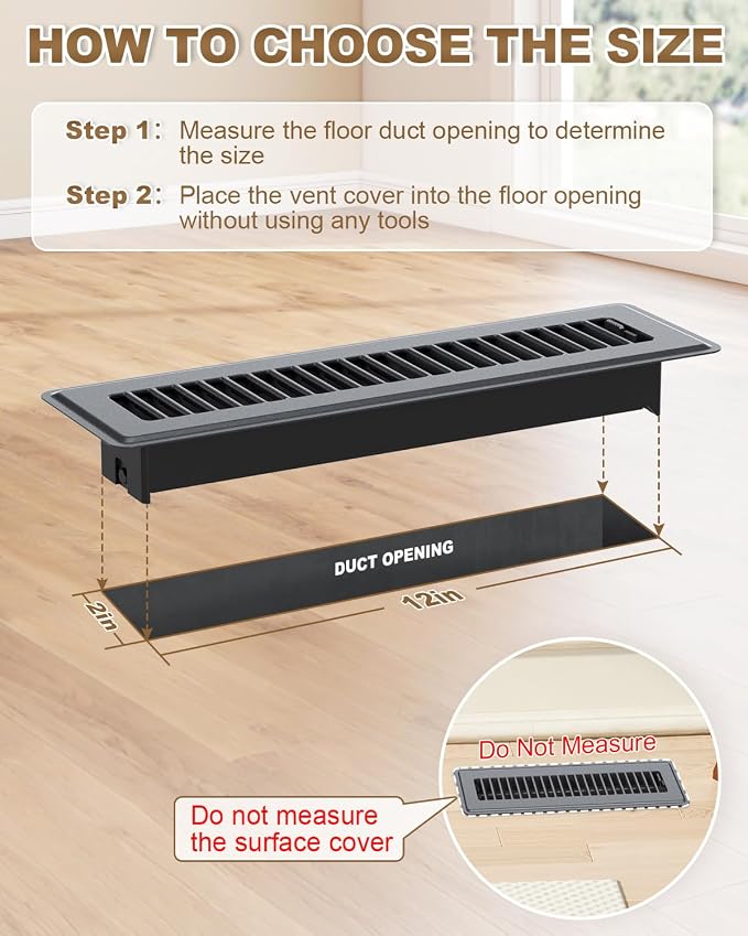 2 x 12 Floor Register, 4 Pack Dark Gray Vent Covers for Home Floor, Heavy-Duty Steel with Adjustable Airflow, alternate view