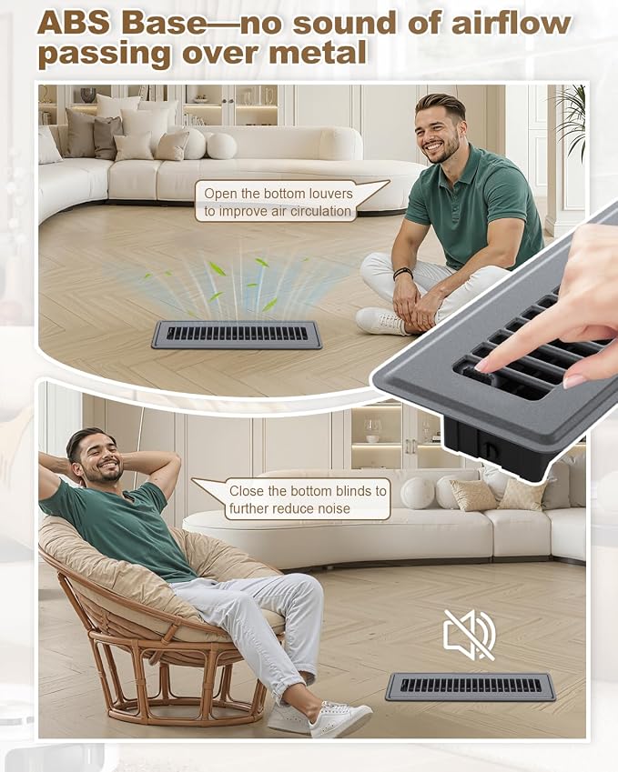 2 x 12 Floor Register, 4 Pack Dark Gray Vent Covers for Home Floor, Heavy-Duty Steel with Adjustable Airflow, alternate view