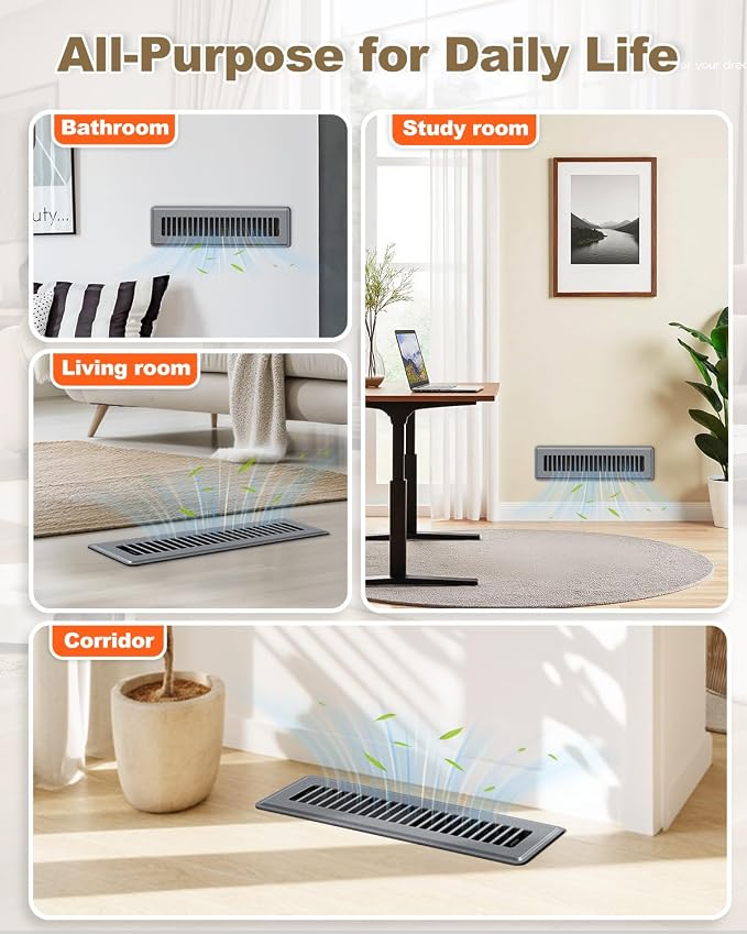 2 x 12 Floor Register, 4 Pack Dark Gray Vent Covers for Home Floor, Heavy-Duty Steel with Adjustable Airflow, alternate view