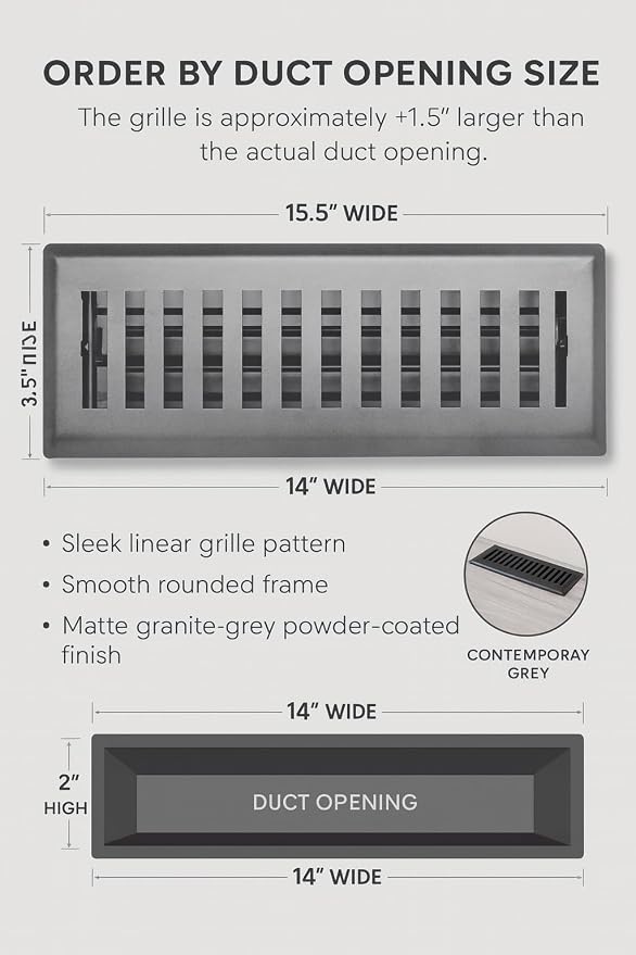 2" x 14" Contemporary Design Steel Floor Register in Granite Grey Finish for Floor l- Decorative Air Vent, alternate view 4