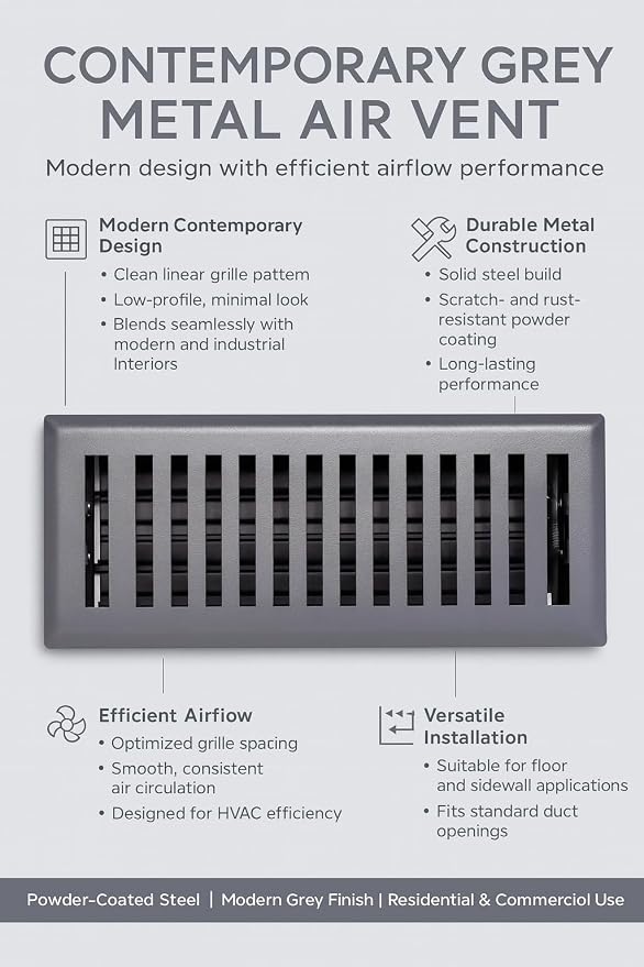 2" x 14" Contemporary Design Steel Floor Register in Granite Grey Finish for Floor l- Decorative Air Vent, alternate view 5