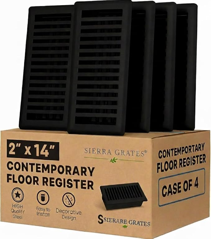 2" x 14" Contemporary Design Steel Floor Register in Textured Black Finish for Floor l- Decorative Air Vent