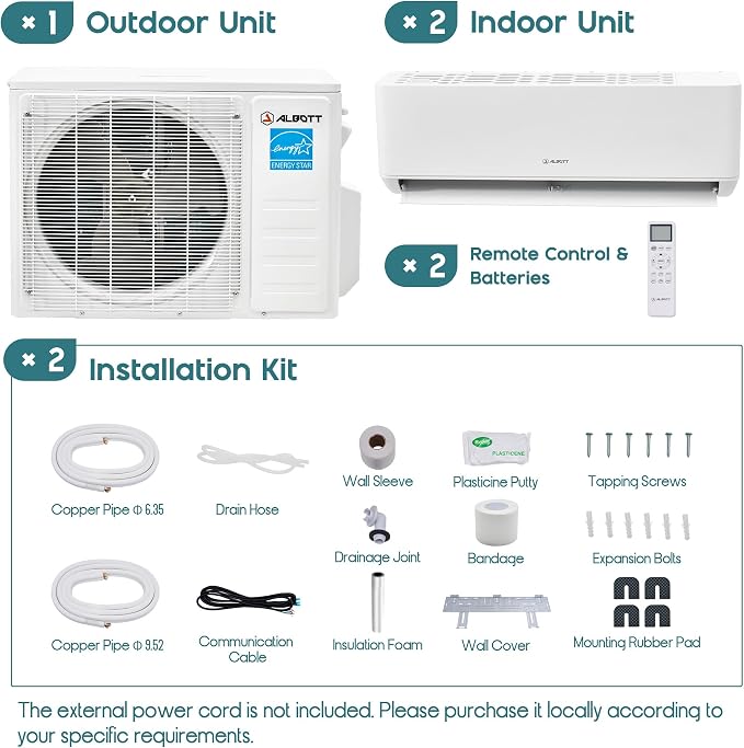 2 Zone Mini Split AC System, 9K+12K BTU, Dual Zone Mini Split Air Conditioner with WiFi Control, Cools Up to 950 Sq.Ft, 25