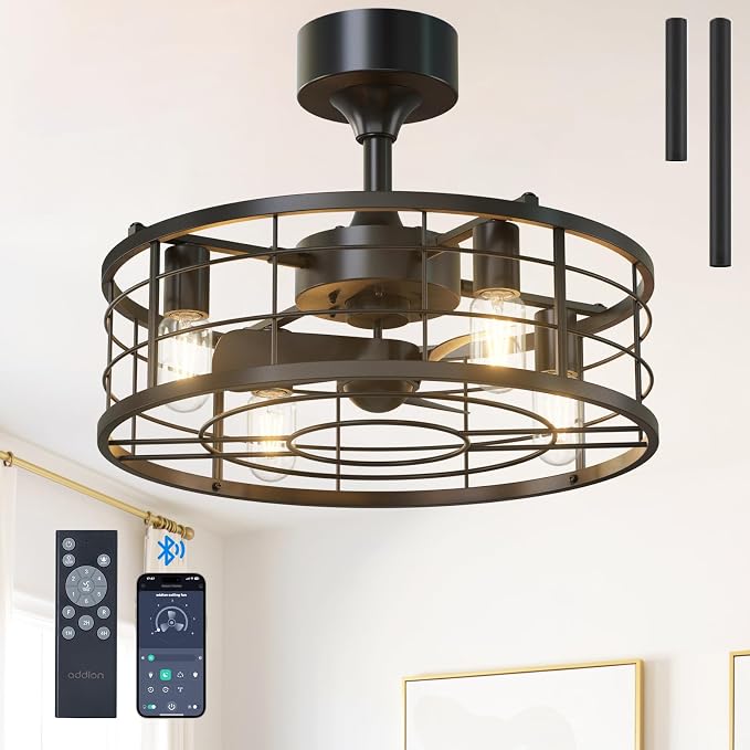20" Black Caged Ceiling Fan with Lights, Fandelier Fan with Remote, 6 Speeds & Timer, Farmhouse Downrod Mount Bladeless