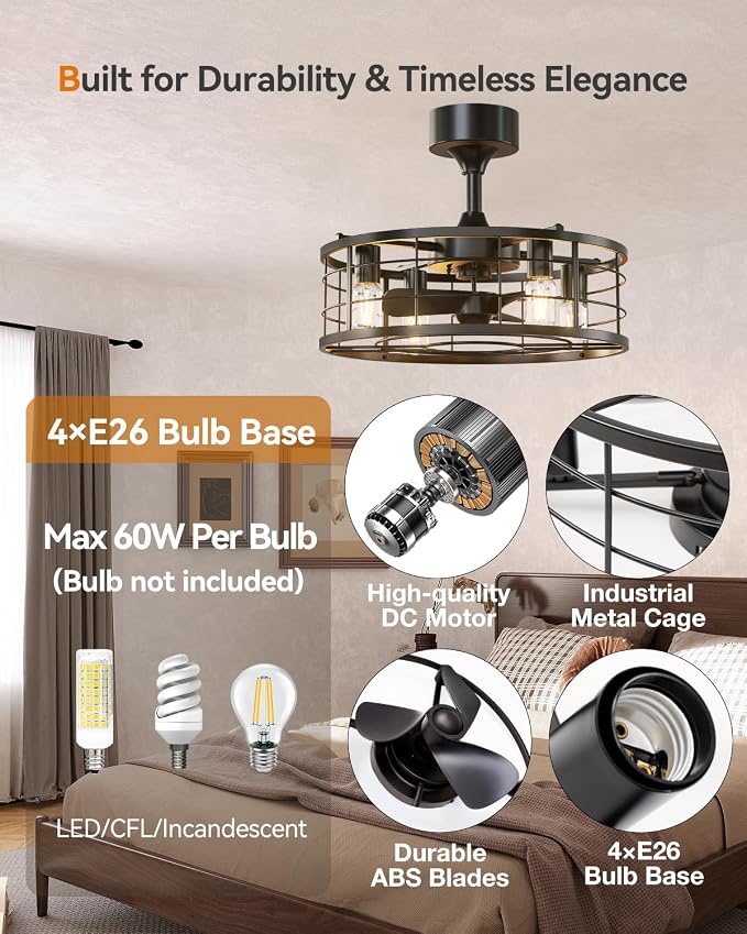 20" Black Caged Ceiling Fan with Lights, Fandelier Fan with Remote, 6 Speeds & Timer, Farmhouse Downrod Mount Bladeless